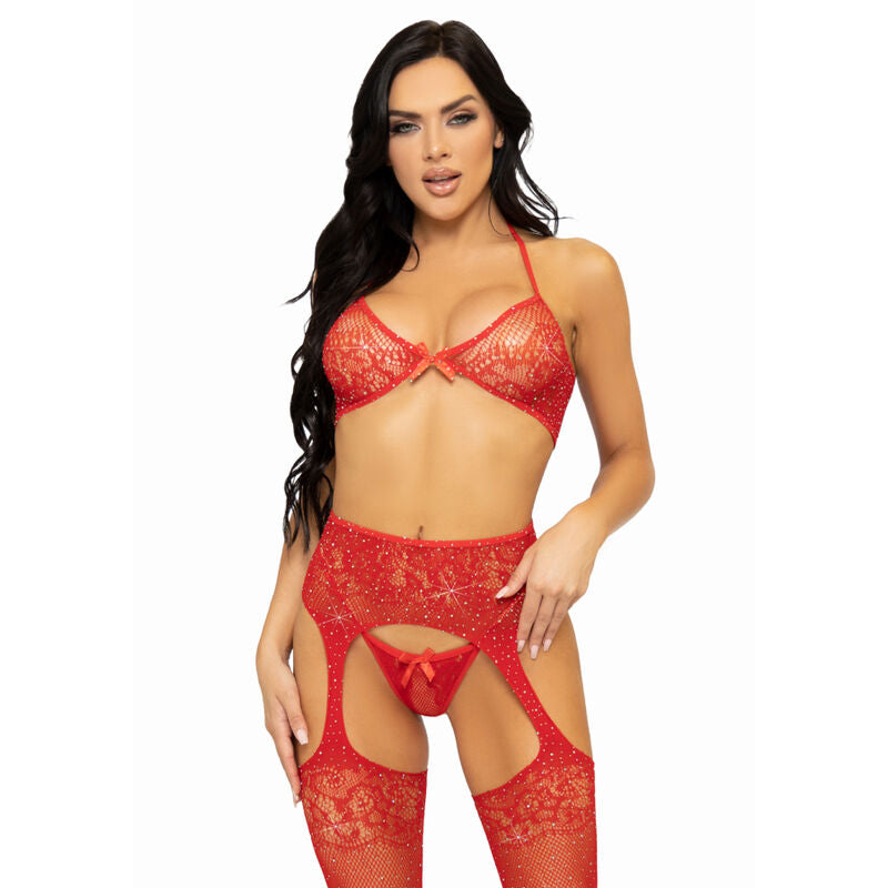 LEG AVENUE - THREE PIECES SET BRA, STRING AND STOCKING ONE SIZE - BLACK