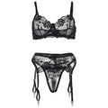 SUBBLIME - SET VAN 3 STUKS BH + TRINDER + KOUSENBANDEN BLOEMENPRINT ZWART S/M