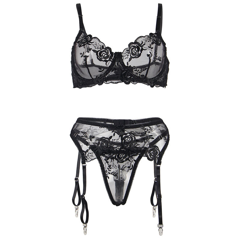 SUBBLIME - SET VAN 3 STUKS BH + TRINDER + KOUSENBANDEN BLOEMENPRINT ZWART S/M