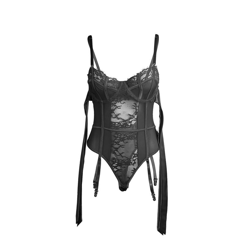 SUBBLIME - 955502 KANTEN BODYSUIT MET STRIKKEN EN KOUSENBANDEN ZWART L/XL